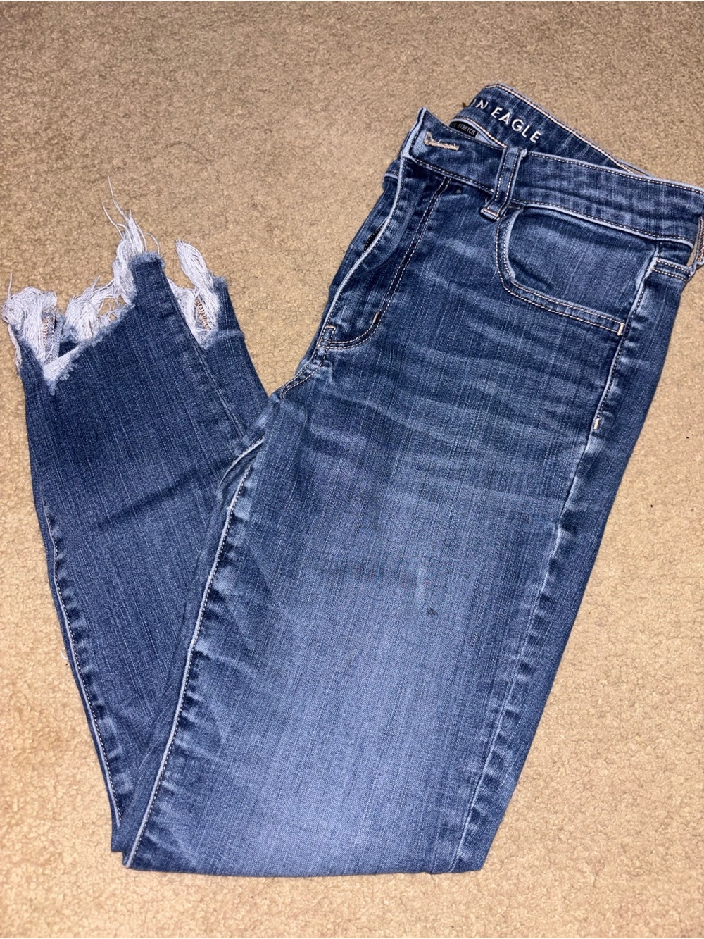 American Eagle Outfitters Dark Blue Frayed Hem Ankle Skinny Jeans - Stretch